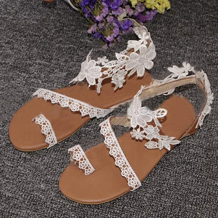 Flache Sommersandalen für Damen, Bohemian, offener Zehenbereich,Spitze, Flip Flop, niedriger Absatz,