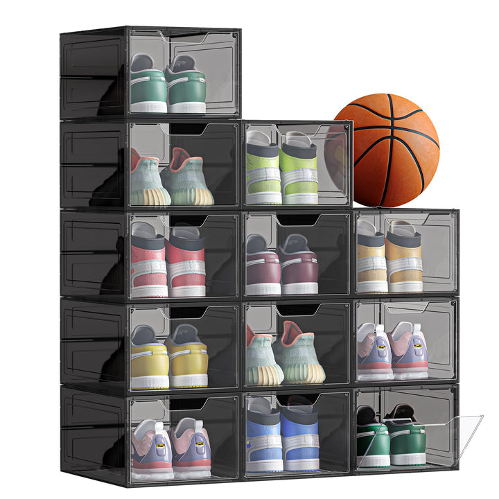 SONGMICS Schuhboxen, Schuh-Organizer aus Kunststoff, mit Tür, durchsichtig, Kunststoffboxen, 12er Se