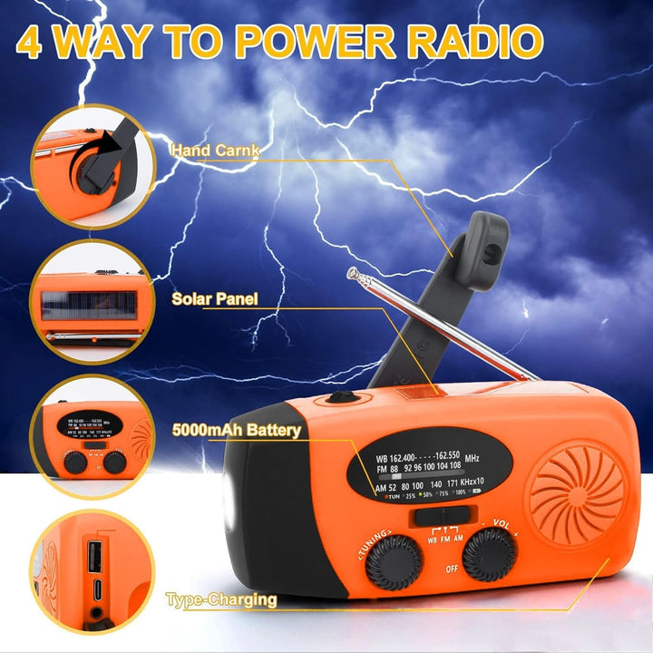Walfront Kurbelradio Wetterradio, Tragbares Notfallradio mit Kurbel und Solar mit 6000 mAh Powerbank