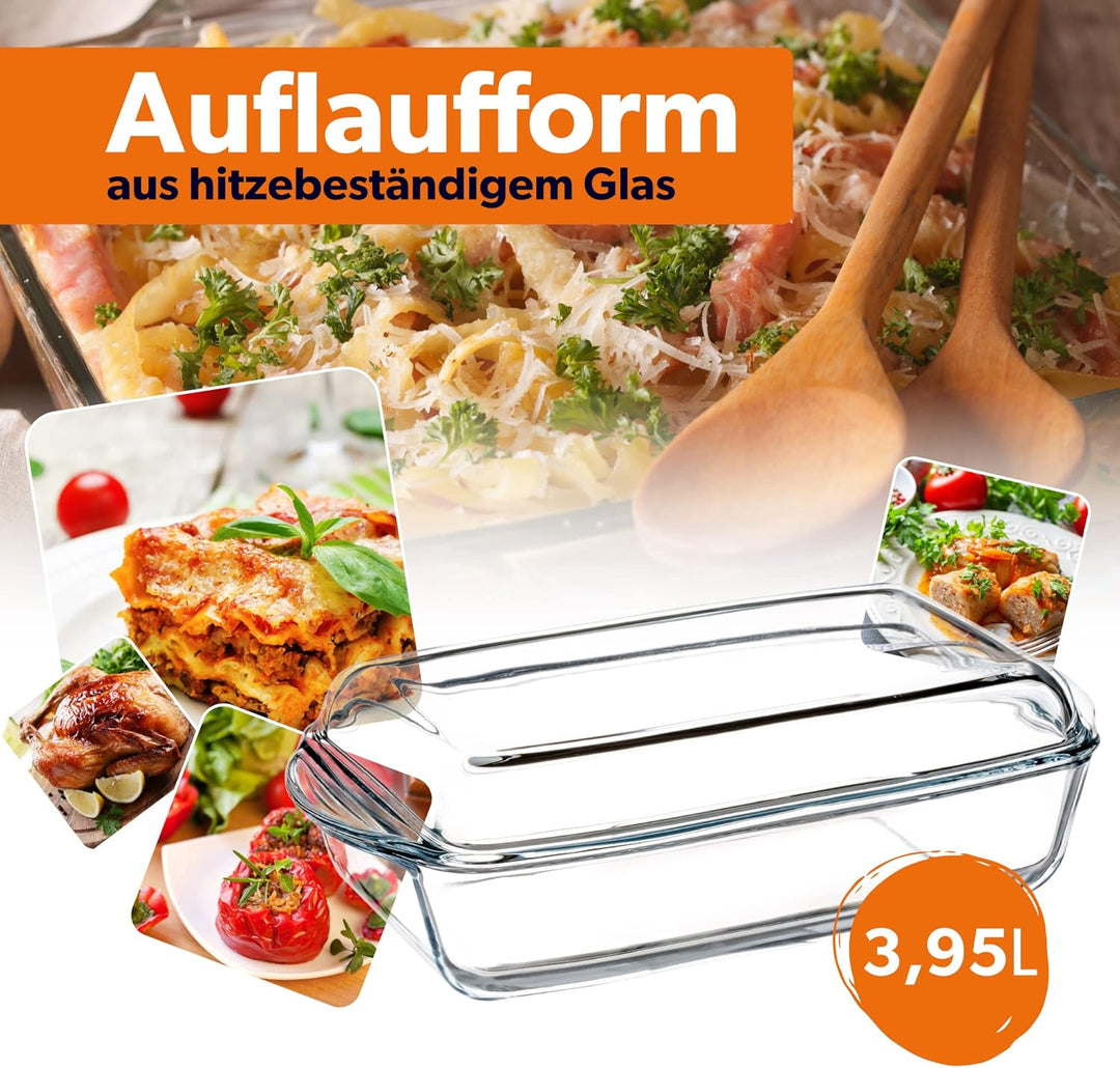 KADAX Auflaufform mit Deckel 3,95L – rechteckige Glasauflaufform, hitzebeständig & feuerfest – Ofenf