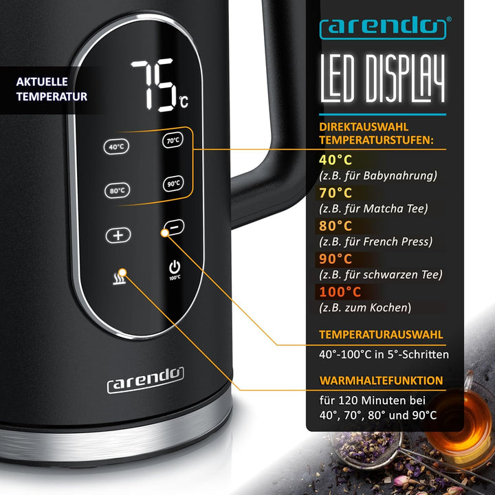 Arendo - digitaler Wasserkocher mit Temperatureinstellung - Edelstahl - Doppelwand Design Cool Touch