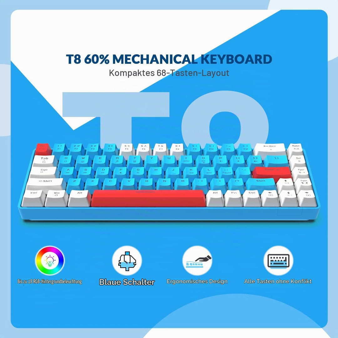 YINDIAO T8 60% Gaming-Tastatur,68 Tasten,Kompakte,Kabelgebundene,Mechanische Mini-Tastatur mit 18 Ch