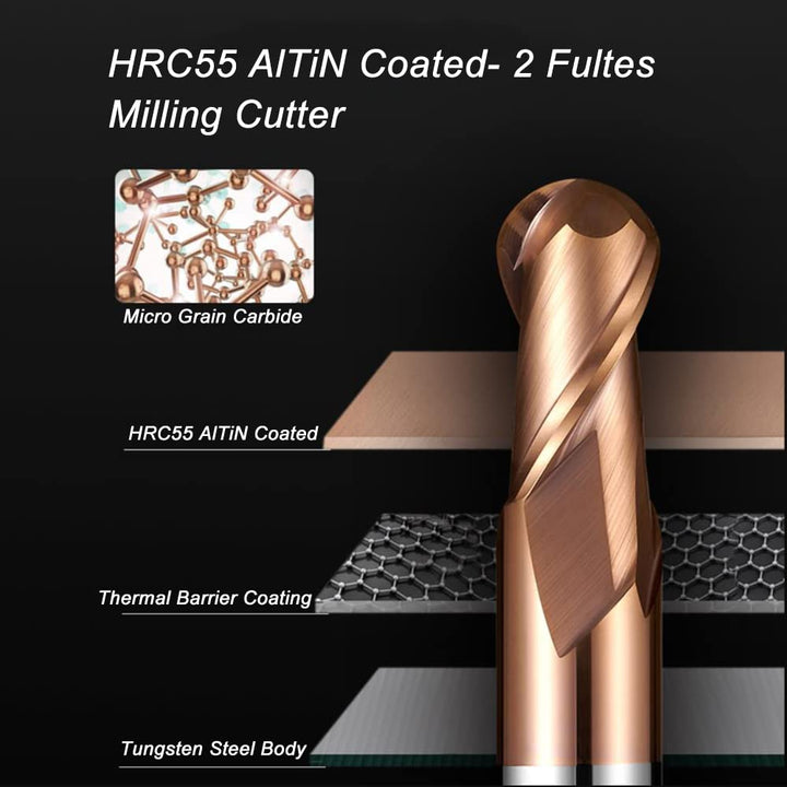 ASNOMY 2 Stück VHM Radiusfräser Kugelkopffräser - Ø 6mm, AlTiN Beschichtung HRC 55, Hartmetall-Kugel