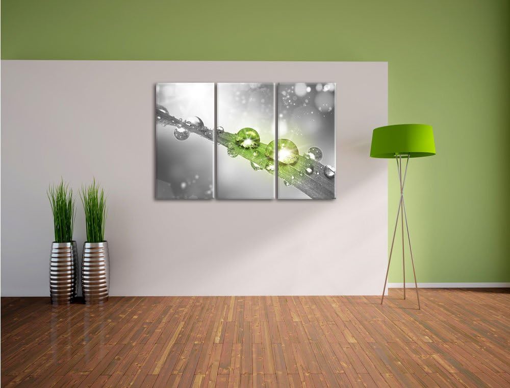 Pixxprint Wassertropfen auf Grashalm B&W Detail 3-Teiler Leinwandbild 120x80 Bild auf Leinwand