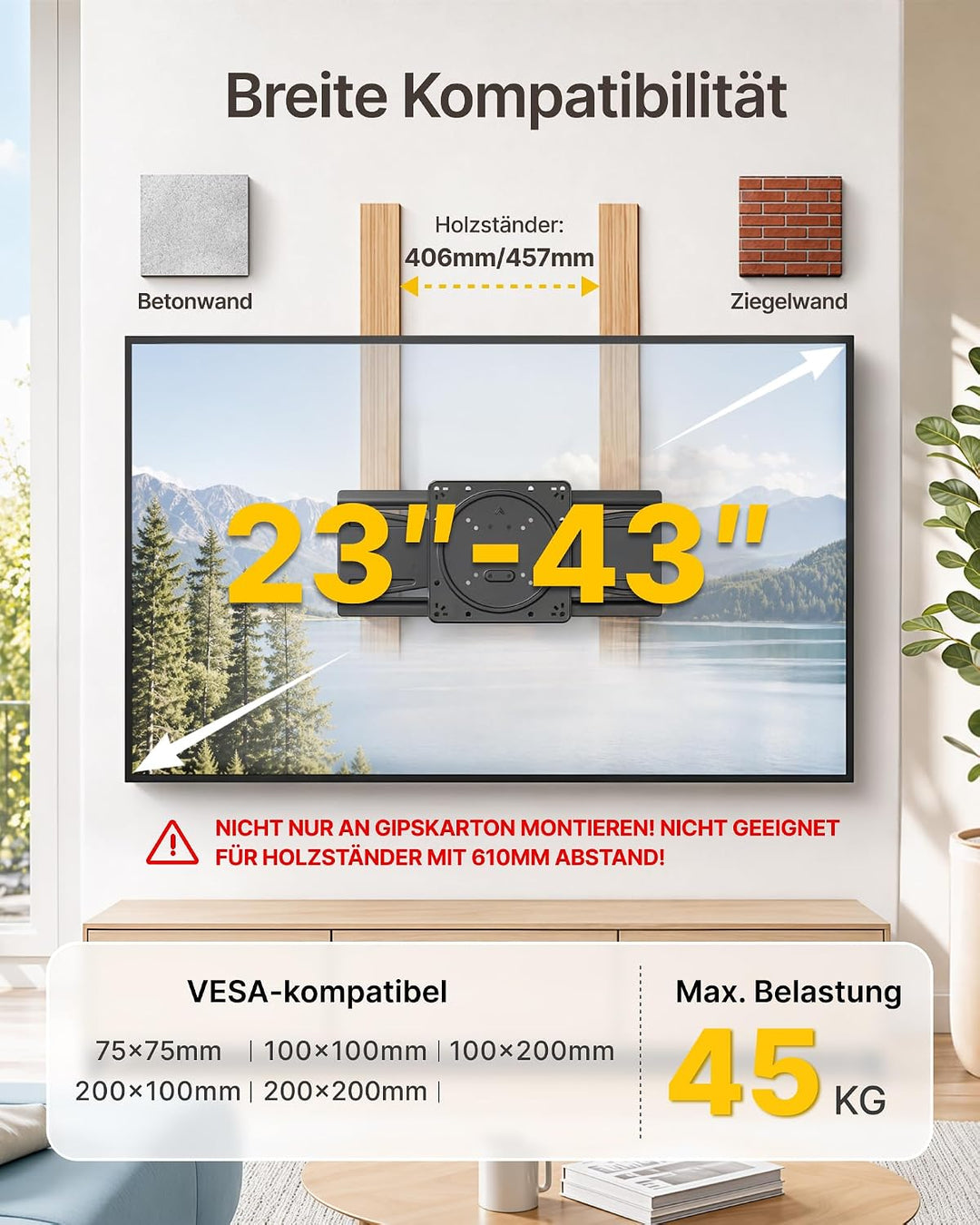 monTEK Ultra Slim TV Wandhalterung 23-43 Zoll bis 45kg, Max VESA 200x200mm | 1.1" Dünne, Ausziehbar,