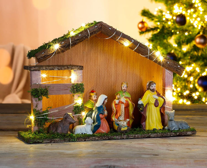 Spetebo Weihnachtskrippe mit 20 LED und 9 Figuren - Holz Tischdeko beleuchtet Weihnachtsdeko Krippe
