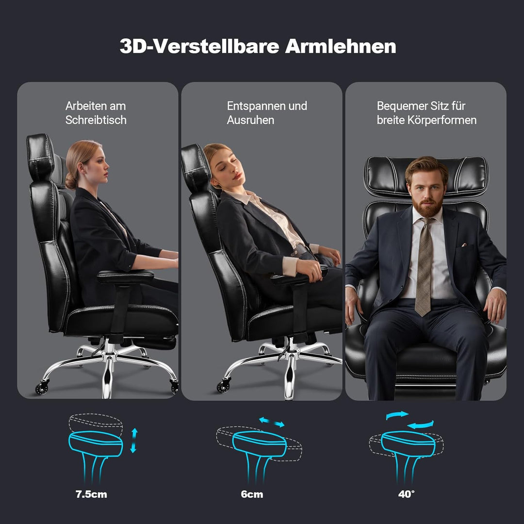 BASETBL Bürostuhl 200kg, Chefsessel mit 4-stufiger Gasdruckfeder, 3D Armlehnen, Verstellbarer Lenden
