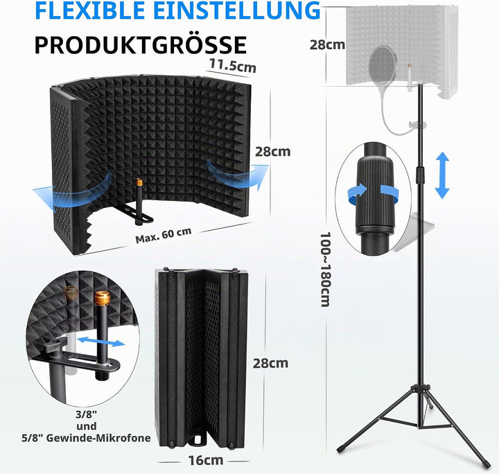 Mikrofon Isolationsschild Set, Schaumstoffschutz mit Pop-Filter, Stativständer, Faltbares Design