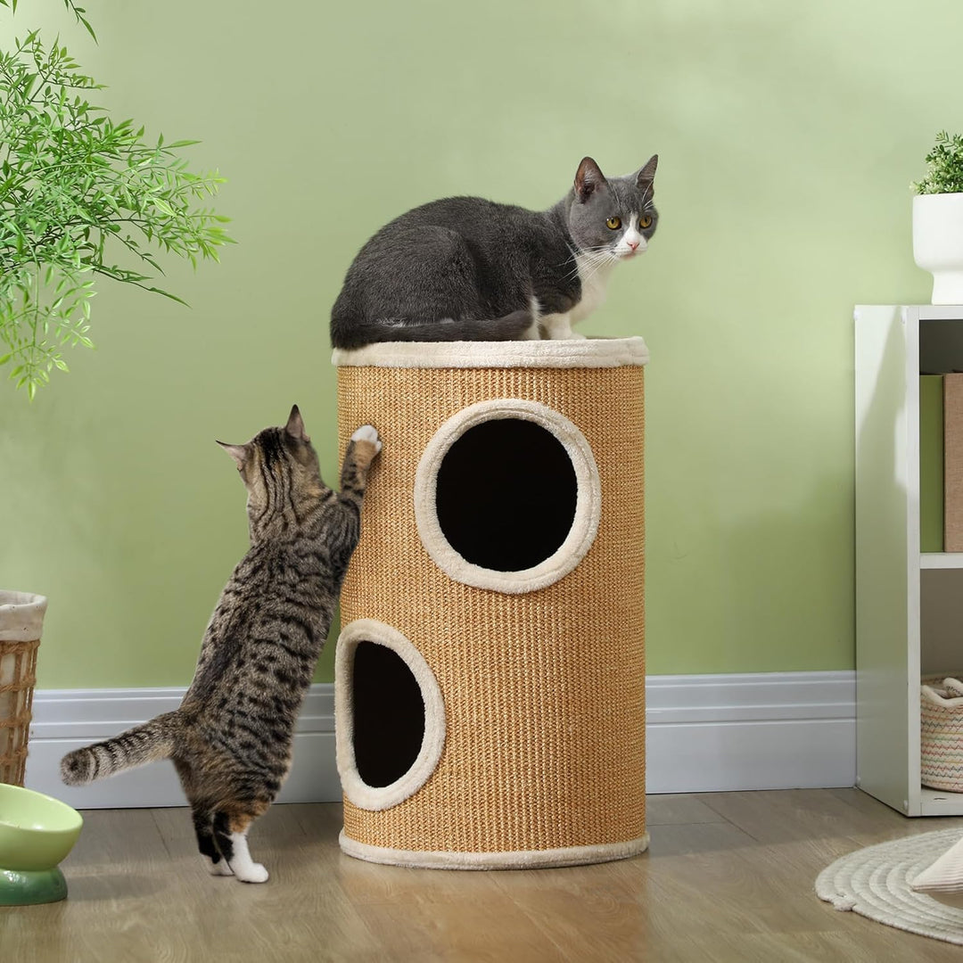 PawHut Kratztonne 60 cm Hoch Ø 35 cm zweistöckige Katzentonne mit Plüschrand, Katzenhöhle, Kratzbaum