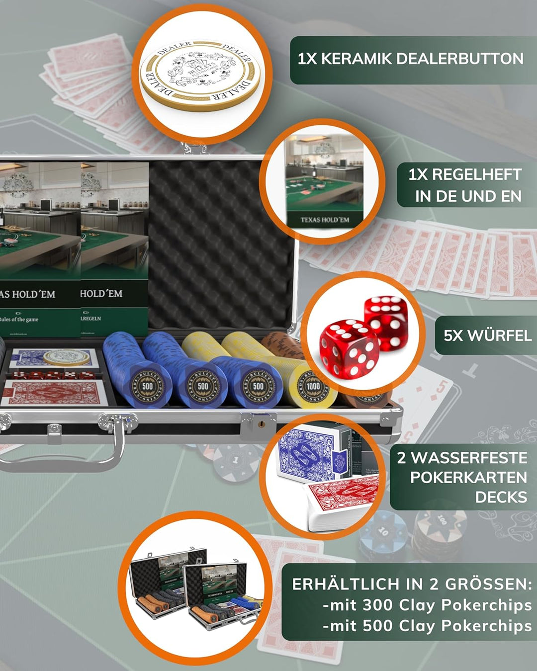 Bullets Playing Cards | Pokerkoffer „Adriana“ mit 500 Clay Pokerchips 14g | Pokerset mit Karten, Wür