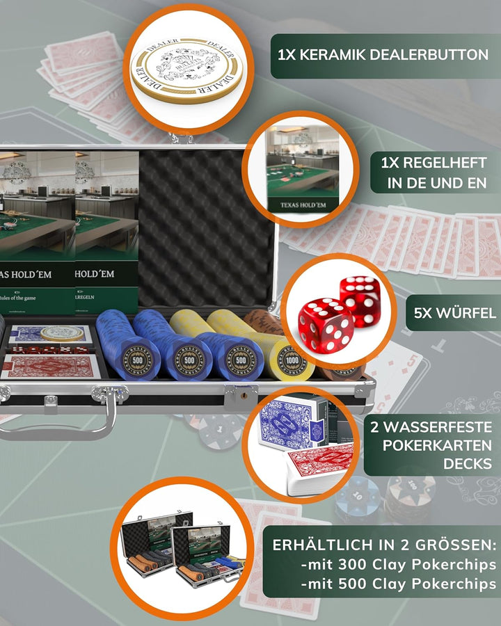 Bullets Playing Cards | Pokerkoffer „Adriana“ mit 500 Clay Pokerchips 14g | Pokerset mit Karten, Wür