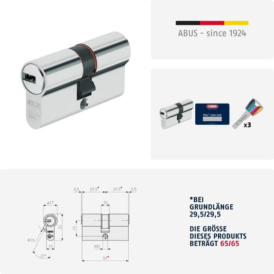 ABUS Profilzylinder XP20SN 65/65 inklusive Sicherungskarte & 3 Schlüsseln, 73758, 65/65