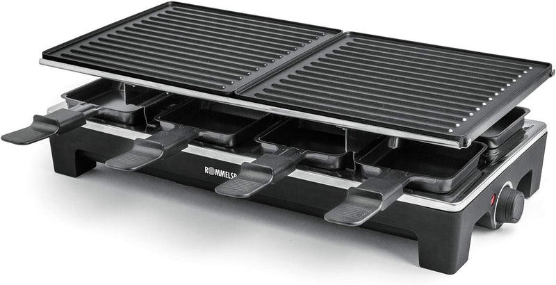 ROMMELSBACHER Raclette Grill RCS 1350 – 2 Wendegrillplatten, 1 Steingrillplatte, 8 Pfännchen, 8 Scha