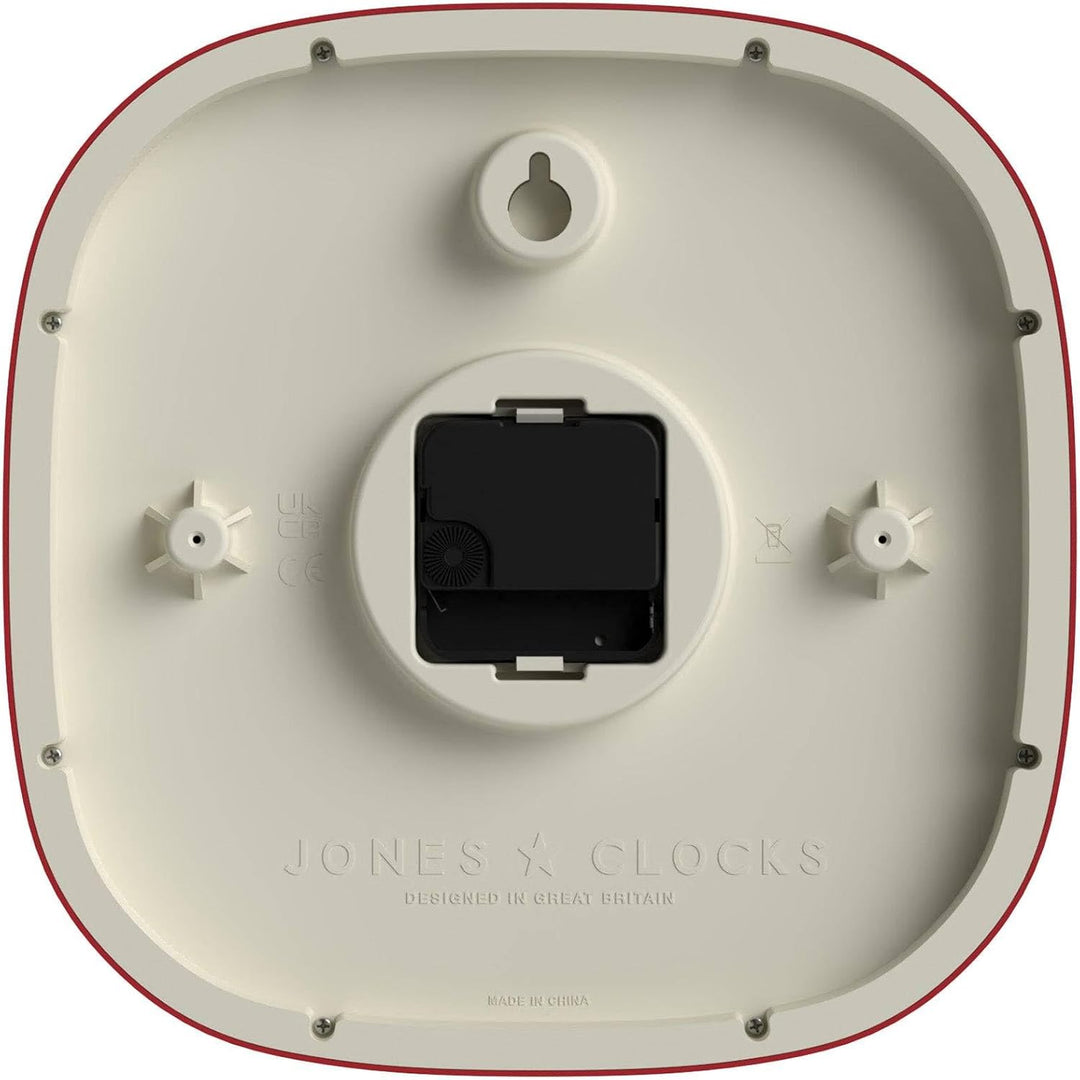JONES CLOCKS Quadratische Retro-Wanduhr aus hochwertigem Acryl, The 'Marvel' in Rot, 25 x 25 x 5 cm