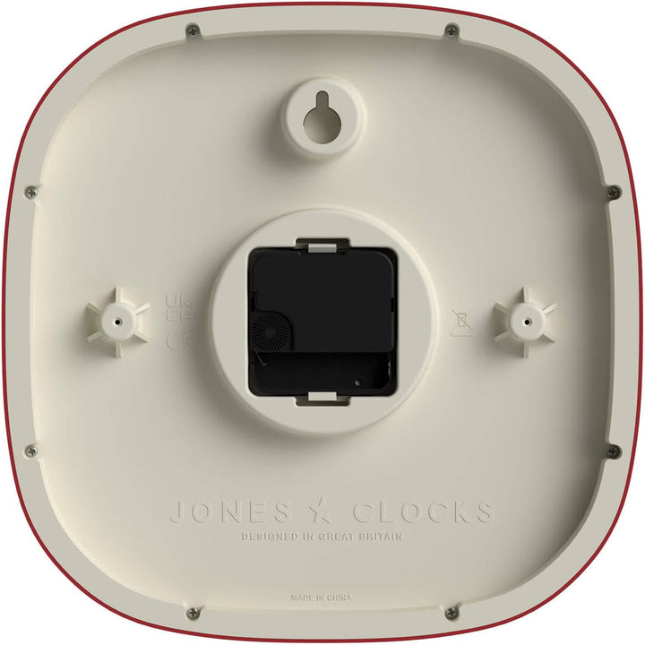 JONES CLOCKS Quadratische Retro-Wanduhr aus hochwertigem Acryl, The 'Marvel' in Rot, 25 x 25 x 5 cm