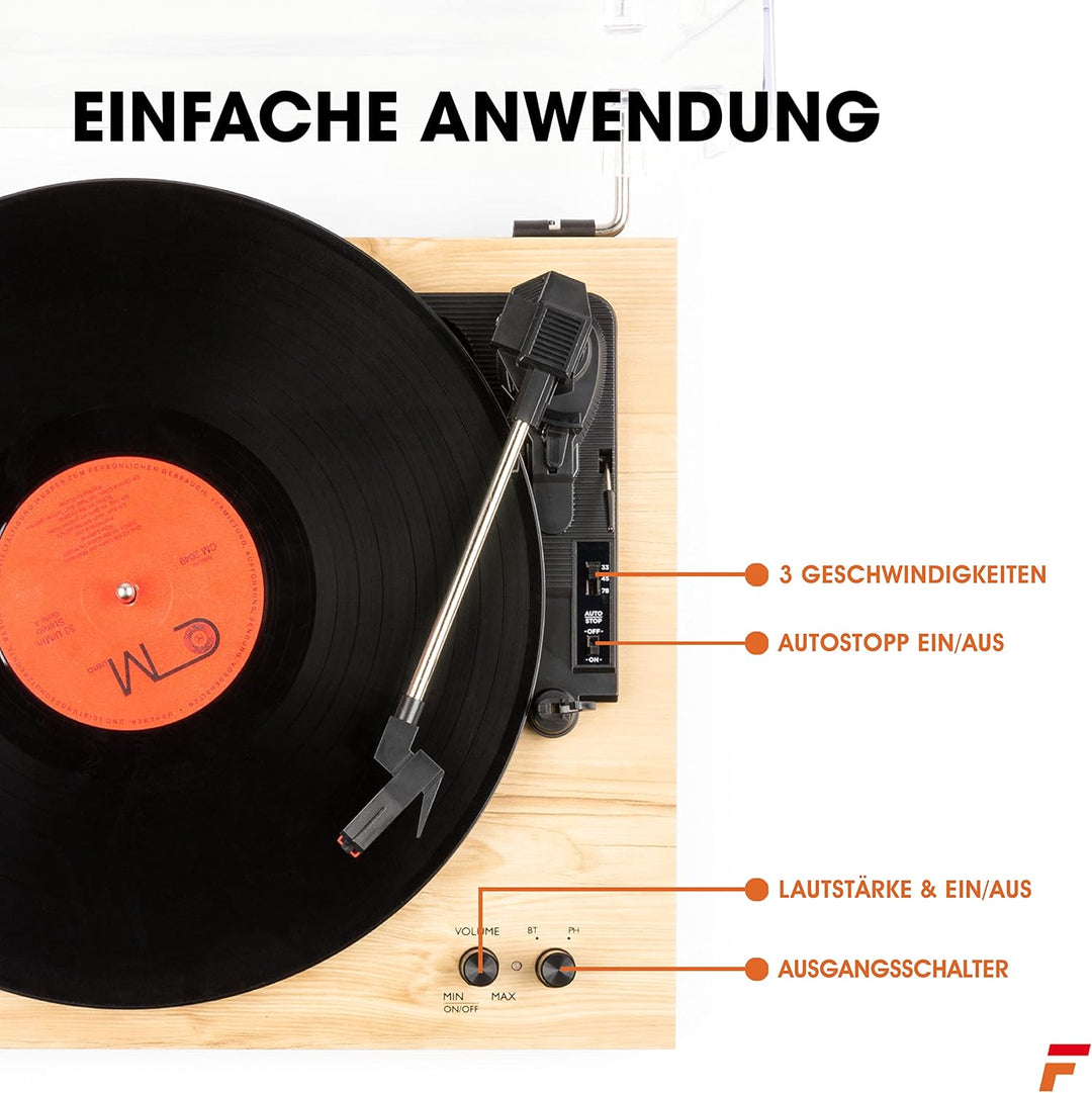Fenton RP165L Bluetooth Plattenspieler mit Lautsprecher, Schallplattenspieler, Abdeckhaube, Auto Sto