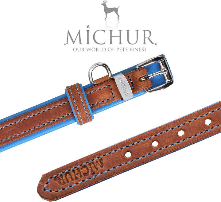 MICHUR Charly Hundehalsband Leder Braun Blau, Lederhalsband Hund, Halsband, Leder, in verschiedenen