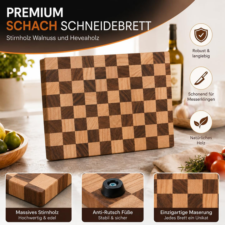 Premium Schneidebrett Schachbrett aus Akazien- und Heveaholz - mit Saftrille - 40 x 30 x 3 cm Hochwe