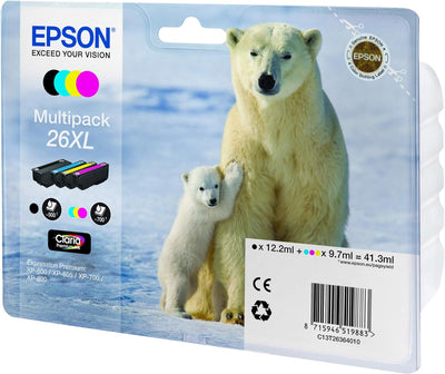 Epson Tinte T2636, 26XL Original Kombi-Pack Schwarz, Cyan, Magenta, Gelb C13T26364010, Multipack, XL