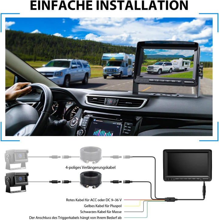 Rückfahrkamera Set, 7-Zoll HD Dual Split Screen Monitor, IP69 Wasserdicht Rückfahrkameras, IR Nachts
