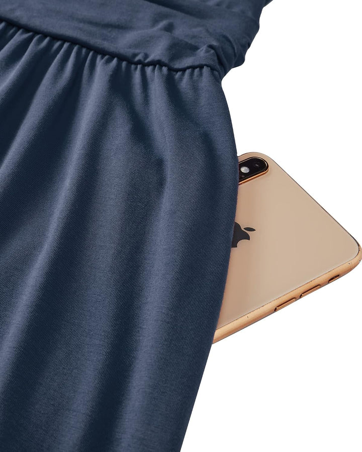 OUGES Kleid Damen Spaghettiträger Sommer Kleider Knielang V-Ausschnitt Strandkleid mit Taschen XXL M