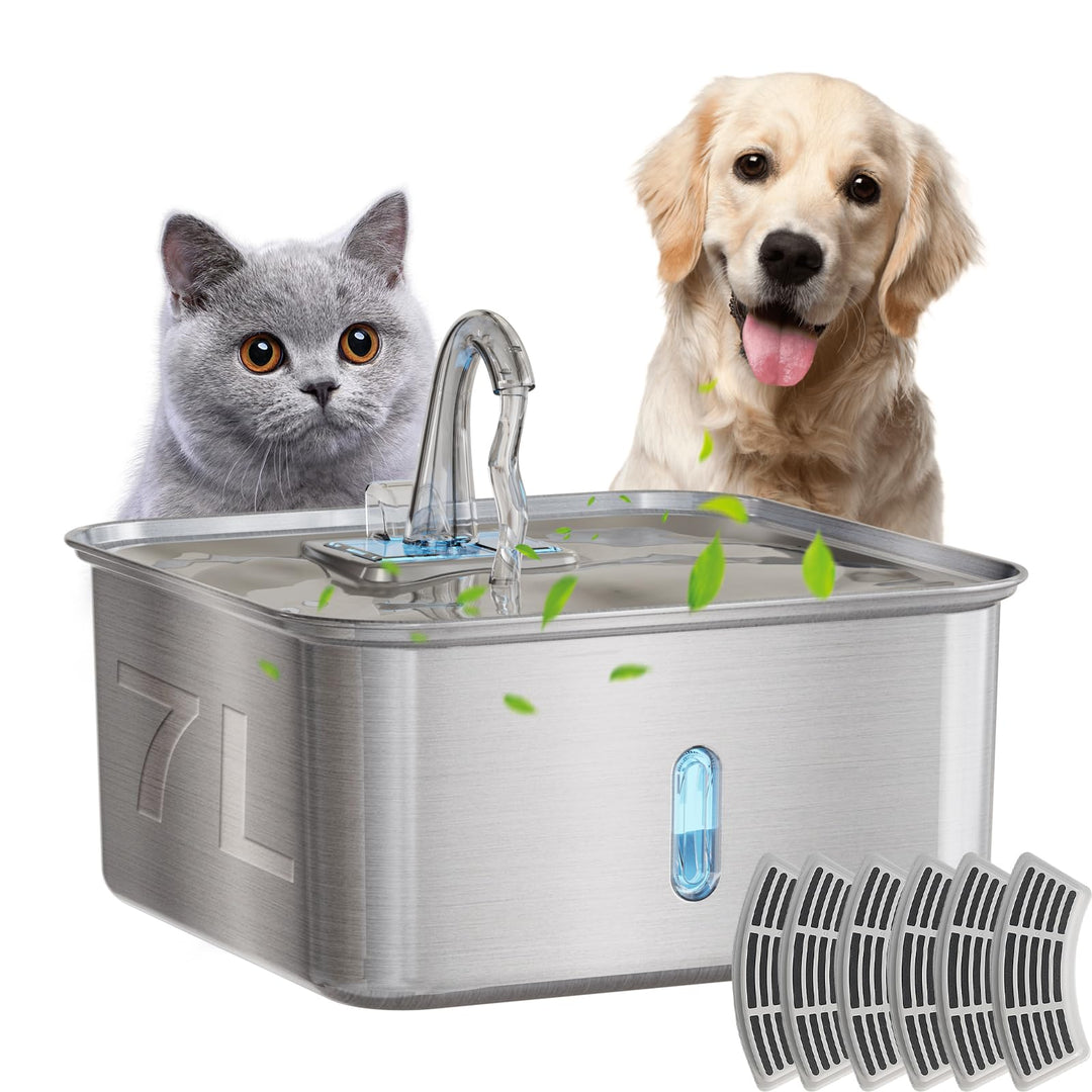 7L Trinkbrunnen für Hunde Edelstahl mit Sichtfenster, Leise Pumpe, 6 Ersatzfilter, Vierfache Filteru