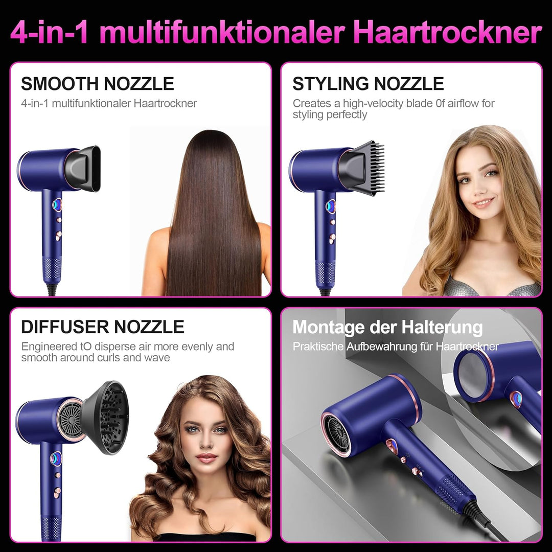 Föhn,Fön,Haartrockner Profi Ionen mit AC Motor 2400W Reisefön Diffusor|Haarfön 4-in-1|Heiss-/Kalttas