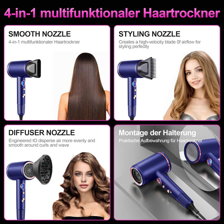 Föhn,Fön,Haartrockner Profi Ionen mit AC Motor 2400W Reisefön Diffusor|Haarfön 4-in-1|Heiss-/Kalttas