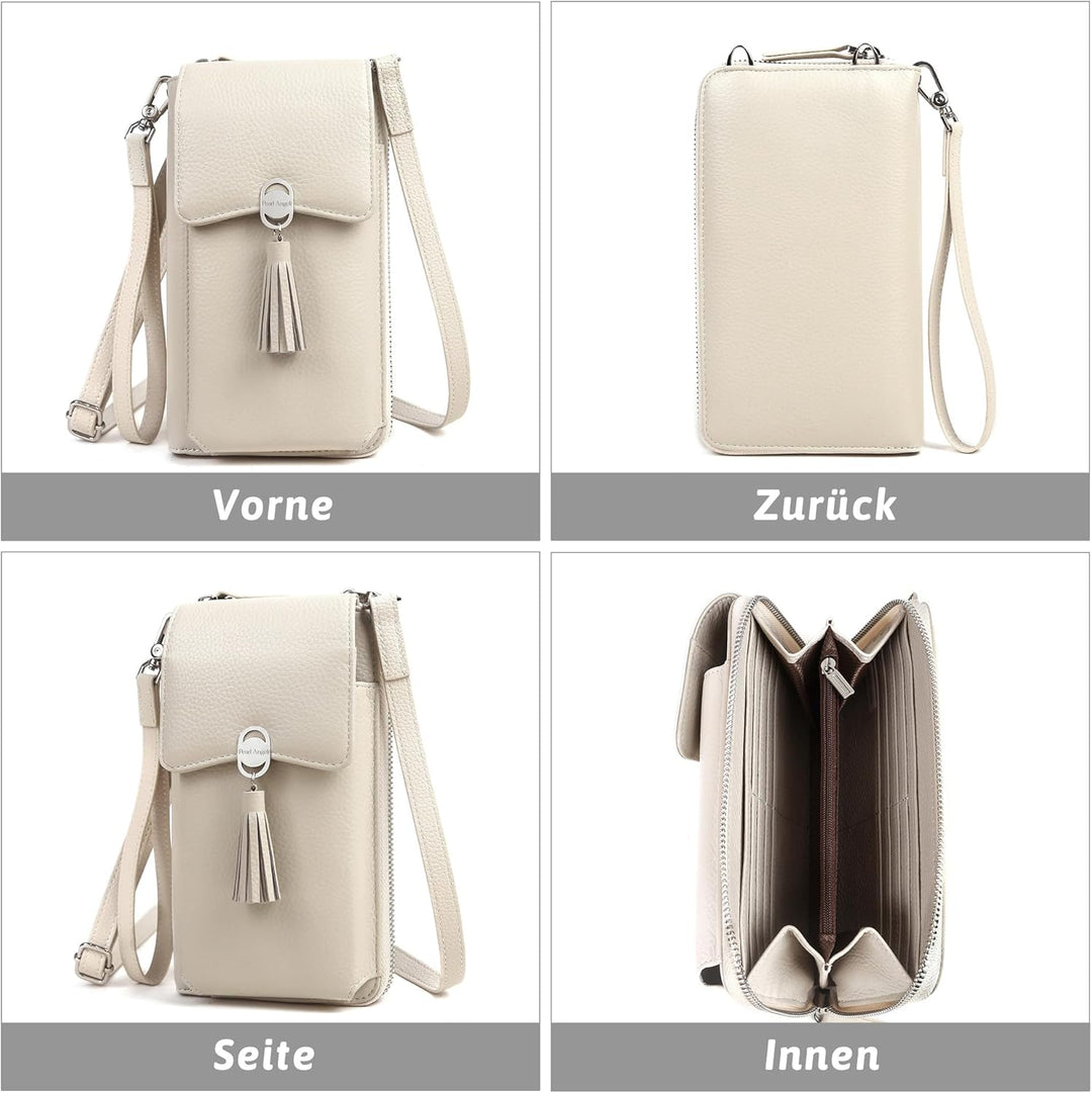 Pearl Angeli Weiches Echtes Leder Handy Umhängetasche - Handytasche Geldbörse Damen RFID Schutz klei
