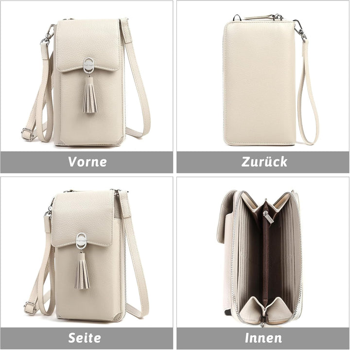 Pearl Angeli Weiches Echtes Leder Handy Umhängetasche - Handytasche Geldbörse Damen RFID Schutz klei