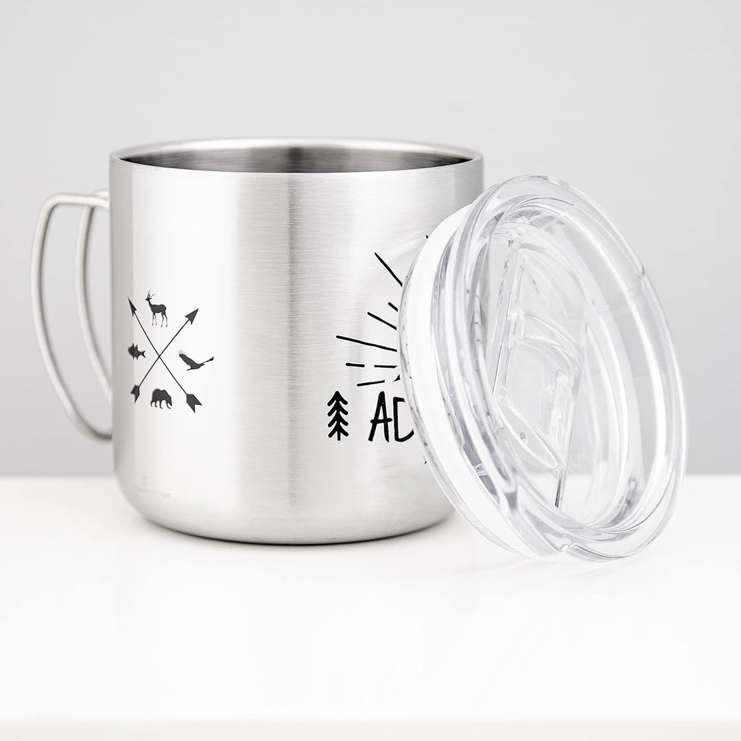 MUGSY Edelstahltasse, The Adventure Begins, To-Go Becher, abnehmbarer Deckel, bruchfest, 330ml, silb