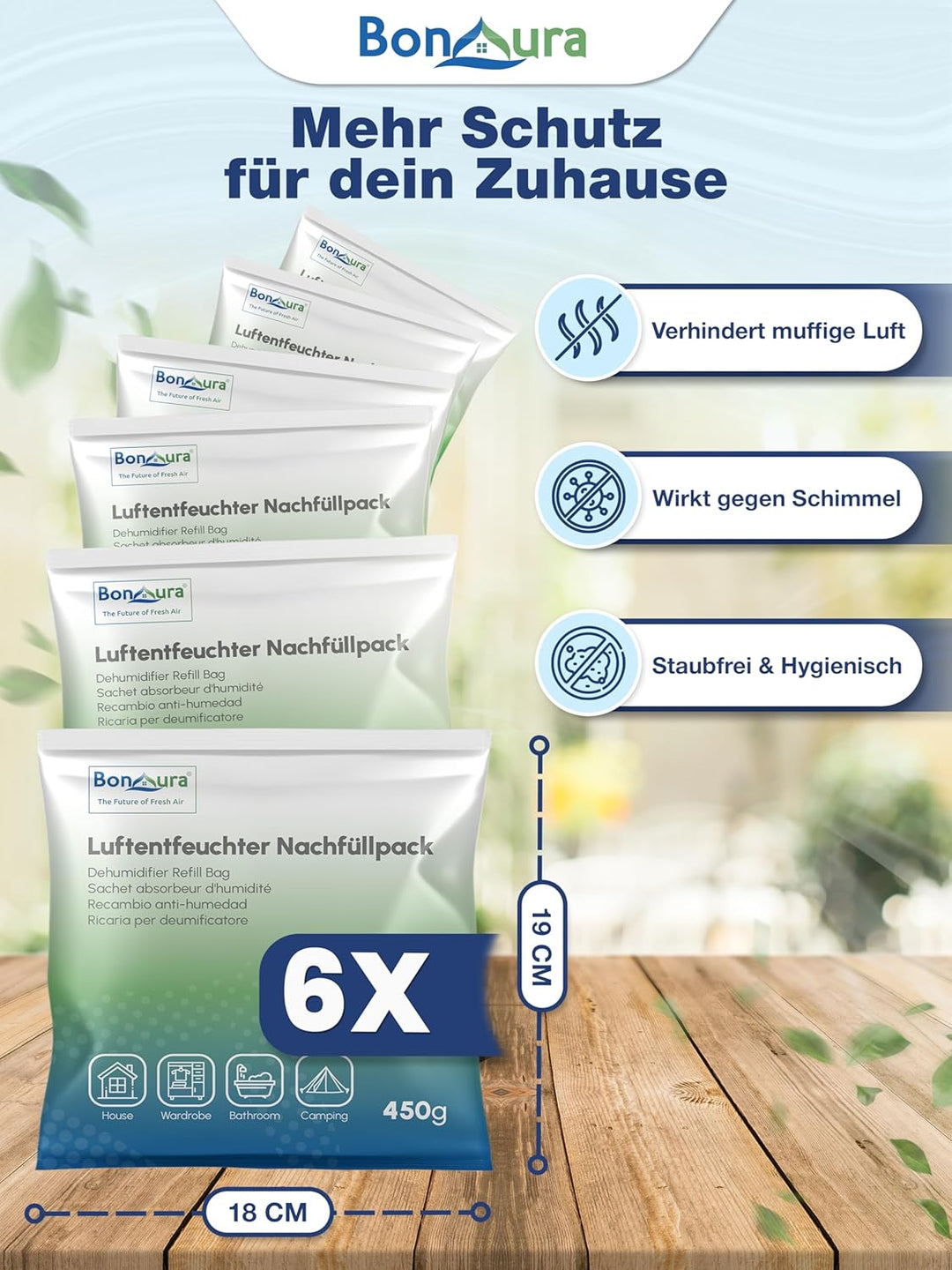 BonAura® AirOne Lite Luftentfeuchter Nachfüllpack I 6er Set 450g Luftentfeuchter Granulat I Entfeuch