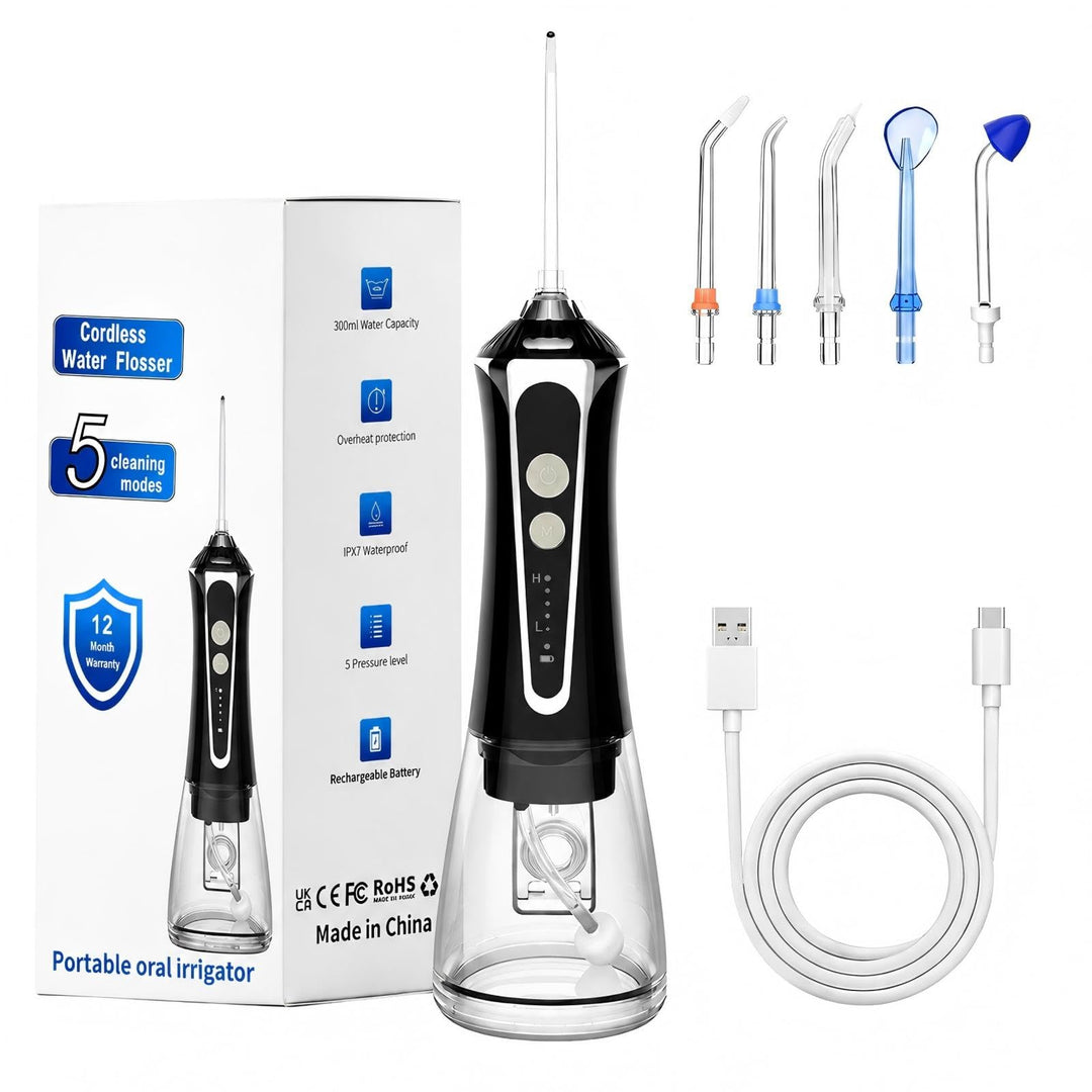 Elektrische Mundspülung Drahtlos Mit Tank 300ml Und 5 Spitzen 2500mAh IPX7 Wasserdicht Zahnspüler, E