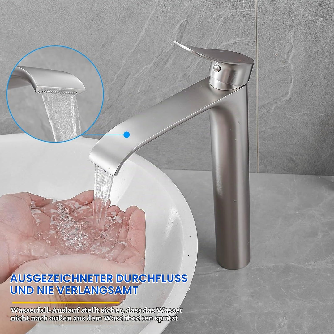 Bad Wasserhahn Wasserfall Badarmatur Hoch Waschtischarmatur Einhebel Mischbatterie, Silber (Gebürste