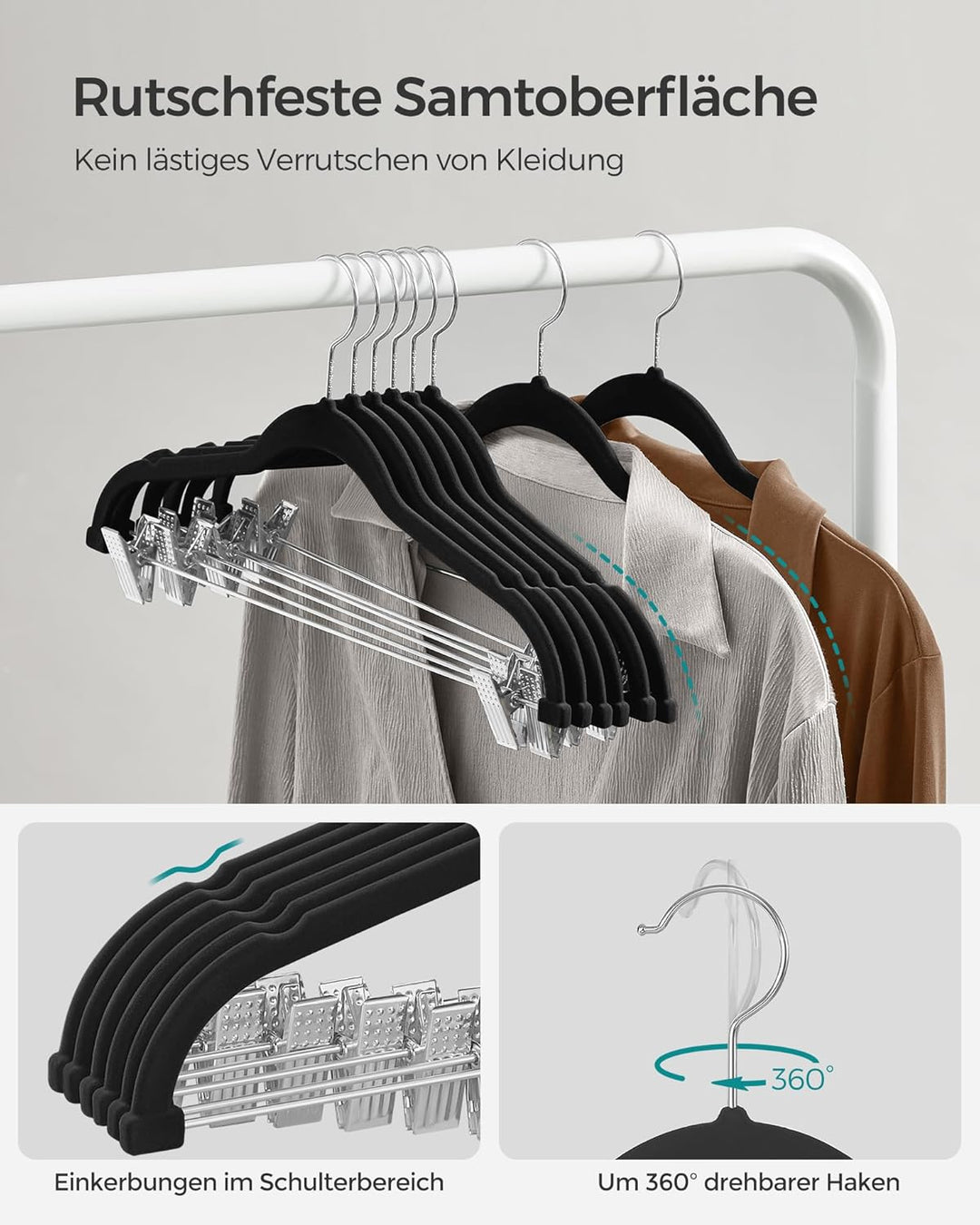 SONGMICS Kleiderbügel Samt, 10er Set, Rockbügel, 42,5 cm breit, mit verstellbaren Clips, rutschfest,