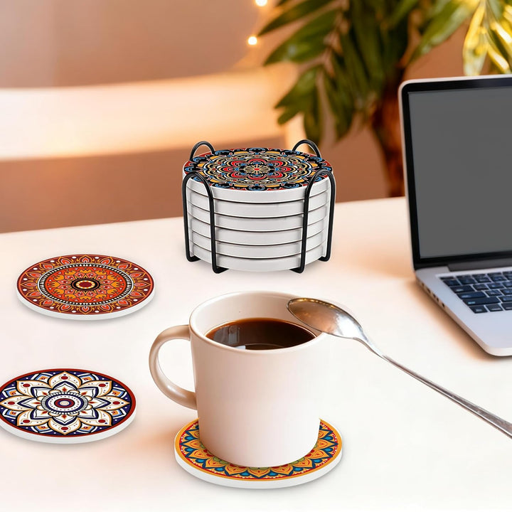 Boho Mandala Keramik Untersetzer, 6er Set Getränkeuntersetzer mit Metallhalter, saugfähige runde rut