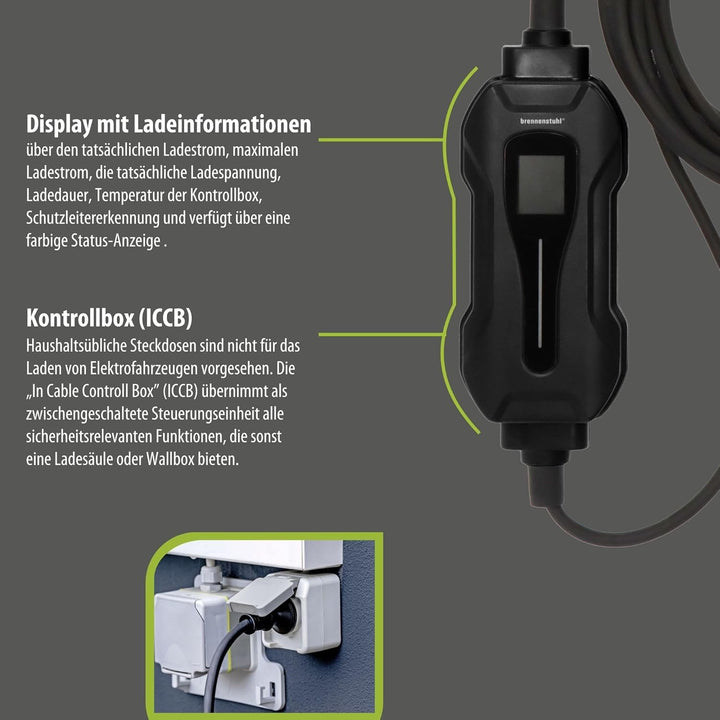 Brennenstuhl tragbares EV Ladegerät Typ 2 - Schutzkontakt (Mobile Ladestation 10A, 2,3kW, 8m, IP44,