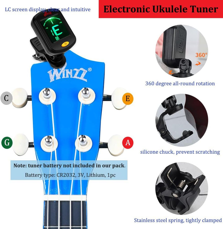Winzz Sopran Ukulele Starter Kit für Anfänger mit Tasche, Clip-On Tuner, Zusätzlichen Saiten, Gurt,