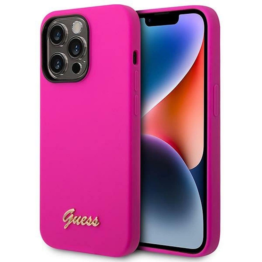 Guess GUHCP14LSLSMF hülle für iPhone 14 Pro 6,1" Fuchsia/Fuschia Hard case Silicone Vintage Gold Log