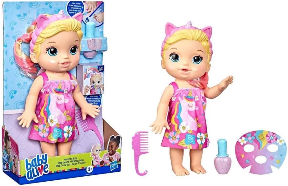 Baby Alive F3564 Baby Beauty Babypuppe, 32,5 cm, Einhorn-Motiv, magisches Make-up und Nägel, Blondes