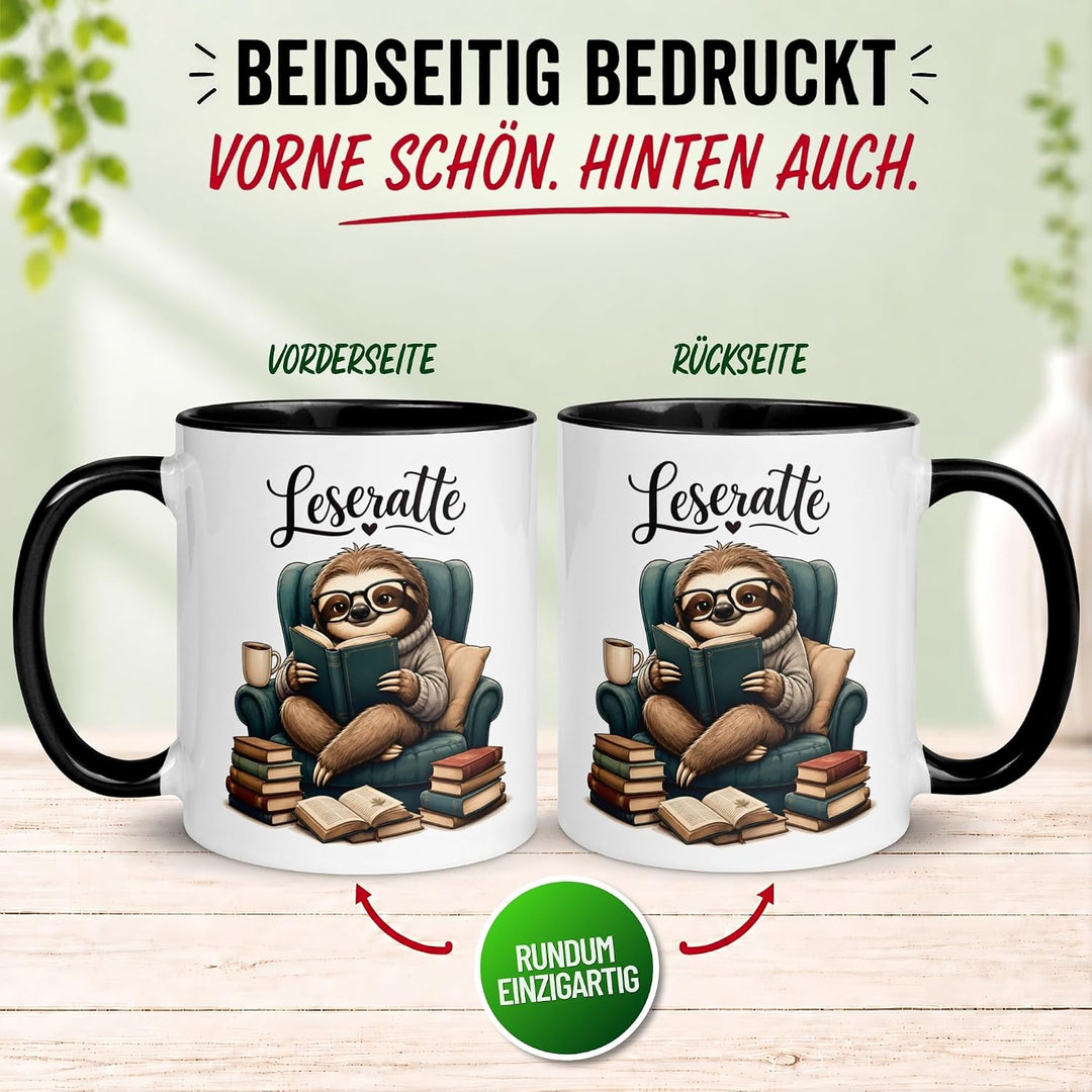 Faultier Tasse | Faultier mit Buch im Sessel | Lustiger Geschenk Becher für Leseratten und Bücherwur