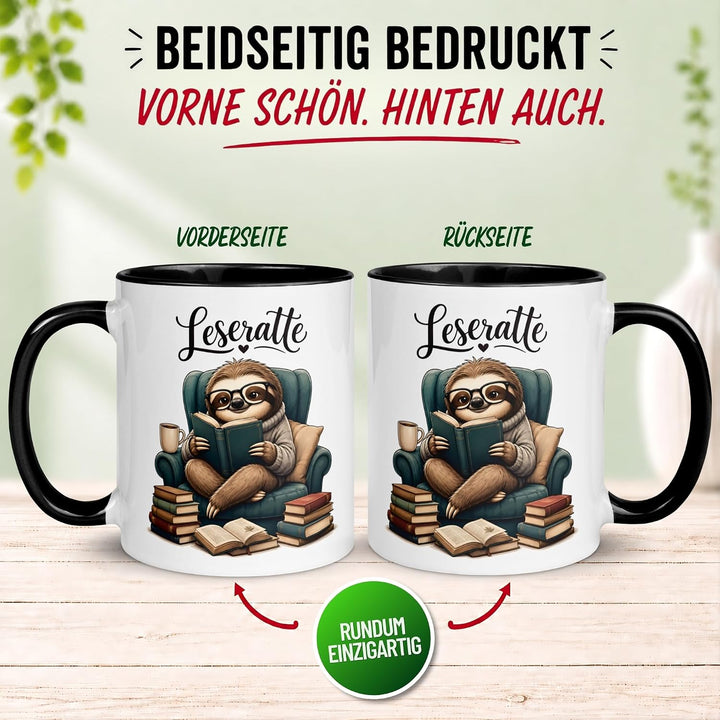 Faultier Tasse | Faultier mit Buch im Sessel | Lustiger Geschenk Becher für Leseratten und Bücherwur