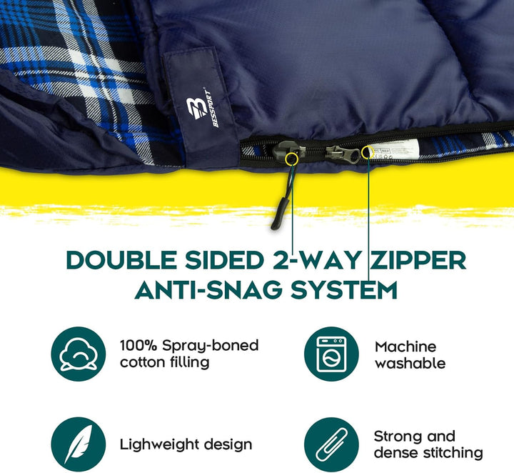 Bessport Schlafsack Flannel für Camping 3-4 Jahreszeiten - 10 °C-20°C | Winter Schlafsack Leichtgewi