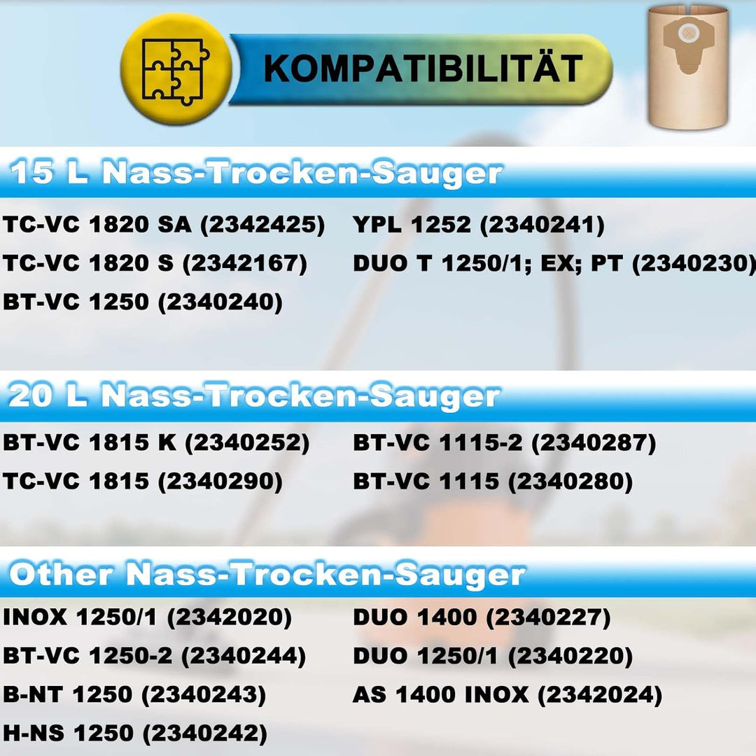 15er-Pack 2351152 Staubbeutel 20 Liter für Einhell Nass-/Trockensauger Modelle# TC-VC 1820, BT-VC 12