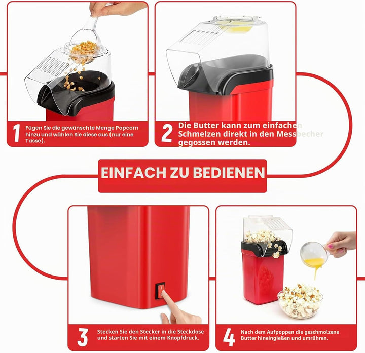Heissluft Popcornmaschine, 1200W Heissluft Popcorn Maker mit Messlöffel, Transparenten Deckel, Nachf