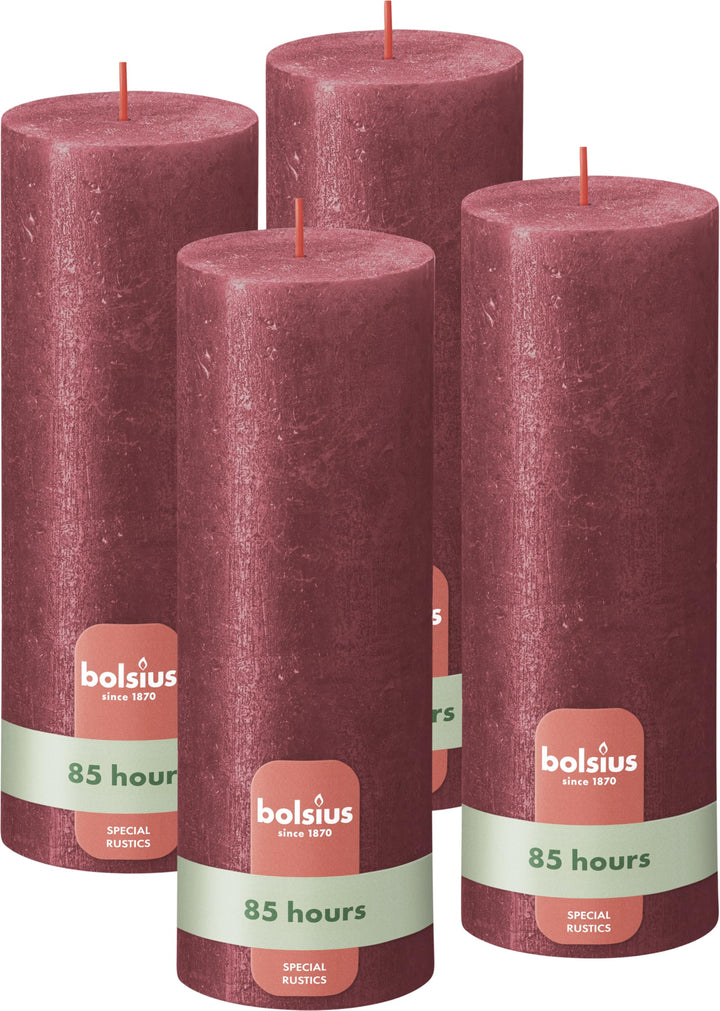 Bolsius Rustik Stumpenkerzen - Shimmer Rot - Set 4 Stück - Dekorative Stumpenkerzen - Länge Brenndau