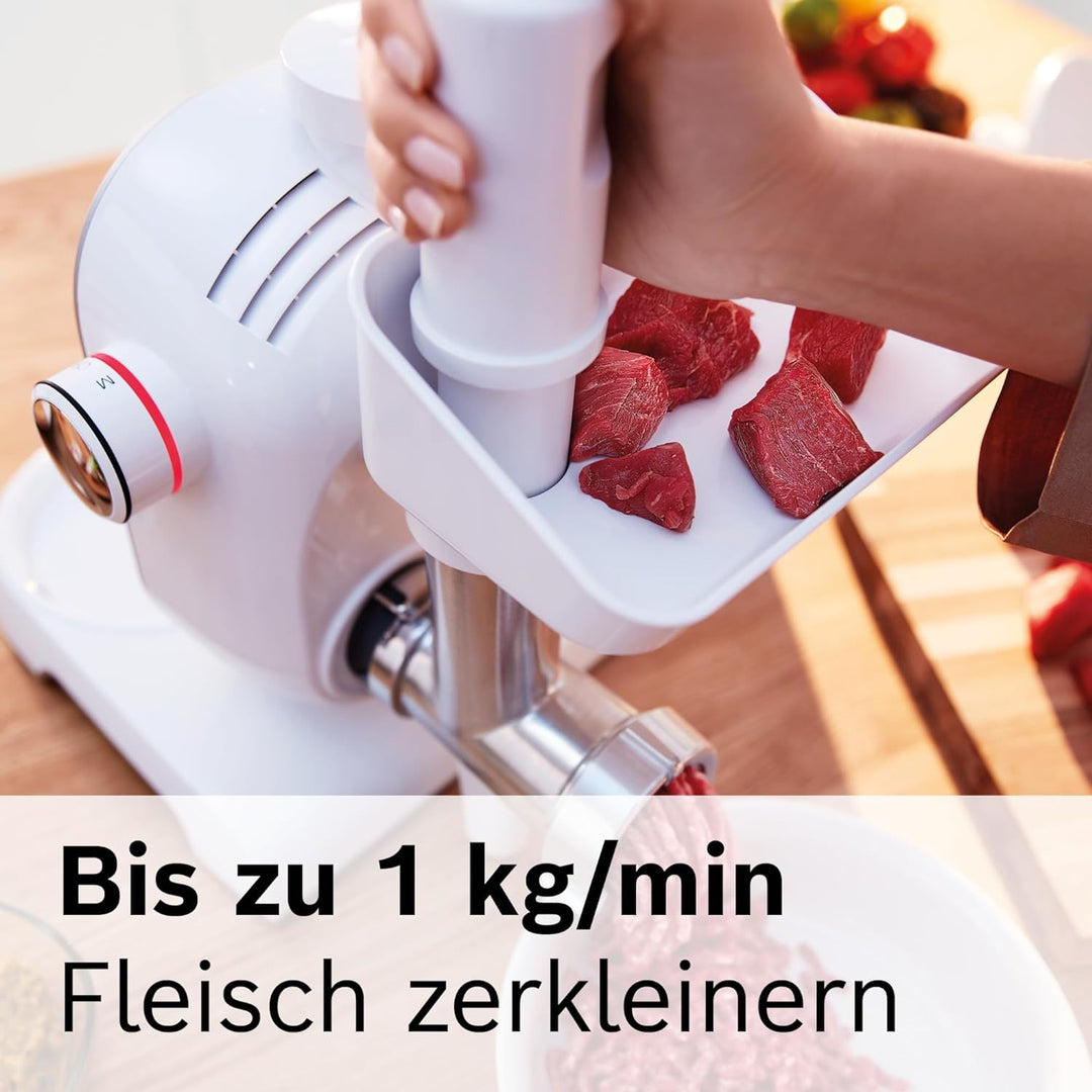 Bosch Fleischwolf MUZ5FW1, Fleischwolf-Aufsatz, Stopfer, Edelstahl Loch-Scheibe 4,5 mm, auch für Fis