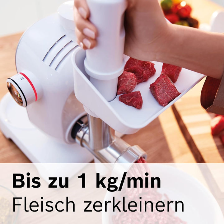 Bosch Fleischwolf MUZ5FW1, Fleischwolf-Aufsatz, Stopfer, Edelstahl Loch-Scheibe 4,5 mm, auch für Fis