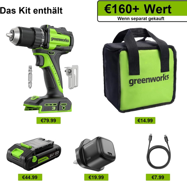 Greenworks 24V Akku-Bohrschrauber Bürstenlos 45 Nm, Leichtgewicht, LED-Licht, 18+1 Drehmomentstufen,