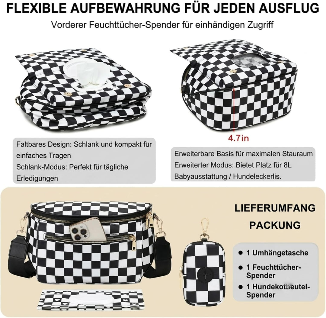 Eslcorri Wickeltasche Klein Umhängetasche Damen Kariert 8L Crossbody Bag | Bauchtasche mit Feuchttüc